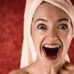 woman, towel, surprised